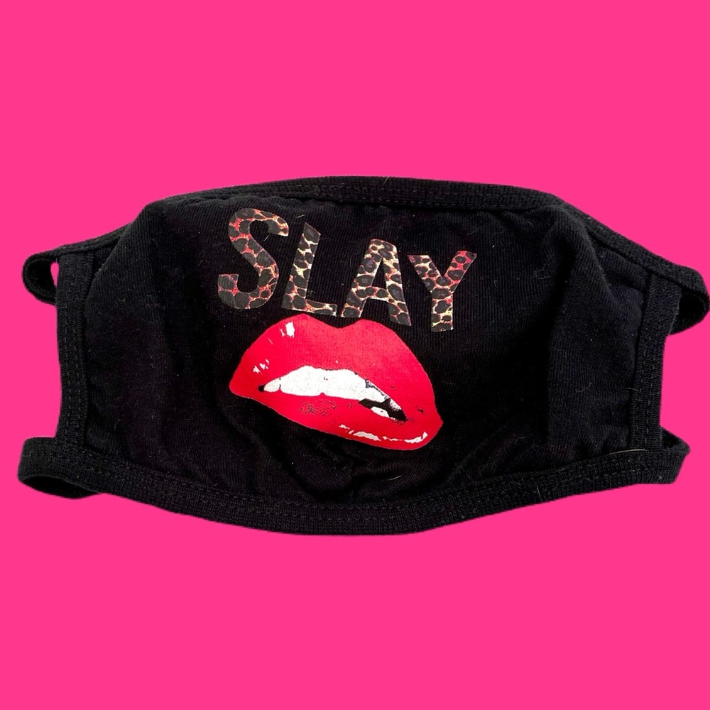 Handmade slay mask with red lip and leopard font